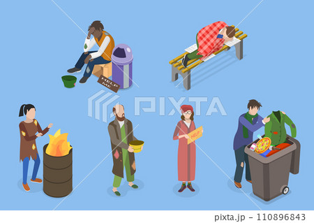3D Isometric Flat Vector Set of Homeless People 110896843