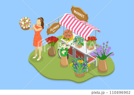 3D Isometric Flat Vector Illustration of Flower Market 110896902