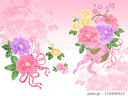 和風の花籠イラスト背景壁紙(ピンク) 110896923
