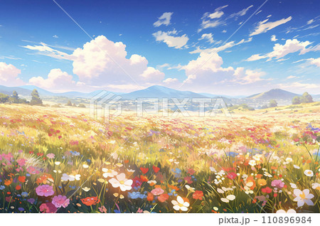 カラフルな花が咲く初夏の高原　AI画像 110896984