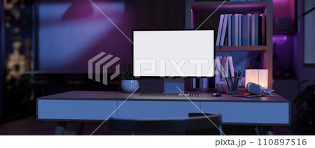 A modern futuristic home office workspace with a computer on a table and neon purple dimly lit. 110897516