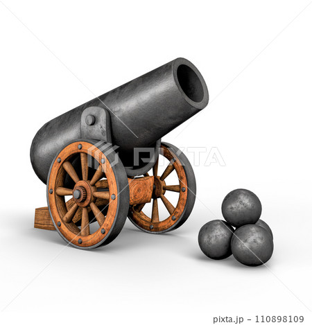 Ancient Vintage Medieval Cannon with Cannon Ball. 3D Illustration. File with Clipping Path. 110898109
