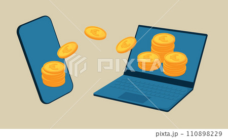 携帯電話とノートパソコンでお金のやりとり 110898229