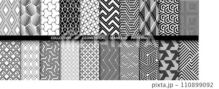 Geometric set of seamless black and white patterns. Simple vector graphics Geometric set of seamless black and white patterns. Simple vector graphics 110899092