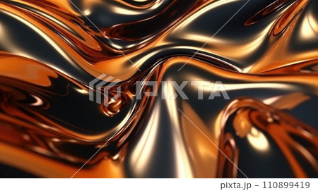 Golden metallic abstract wavy liquid. Fabric texture background with soft wave. Wave pattern background. Generative A 110899419