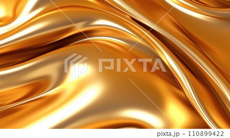 Golden metallic abstract wavy liquid. Fabric texture background with soft wave. Wave pattern background. Generative A 110899422