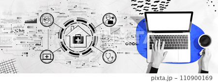 Telehealth theme with person using a laptop Telehealth theme with person using a laptop 110900169