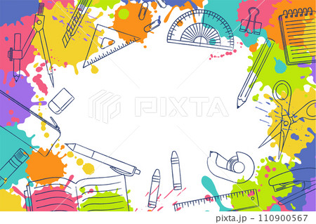 飛び散るインクと手描き文房具をあしらったカラフルフレーム 110900567