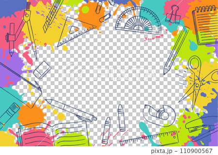 飛び散るインクと手描き文房具をあしらったカラフルフレーム 110900567
