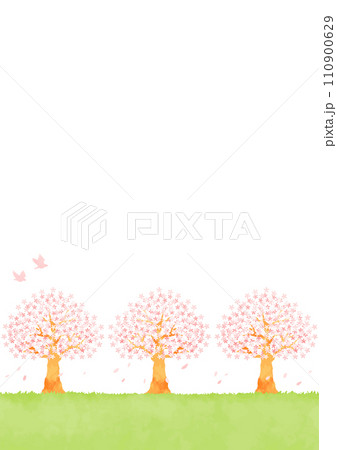 桜並木と草原の風景イラスト 110900629