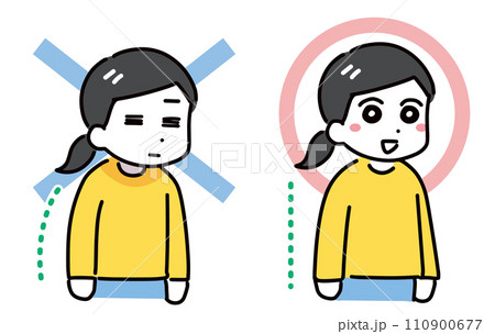 若い女性の猫背の悪い姿勢と良い姿勢(上半身) 若い女性の猫背の悪い姿勢と良い姿勢(上半身) 110900677