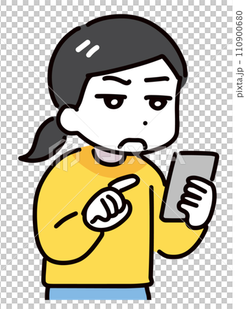 A woman in plain clothes squinting at her smartphone 110900680