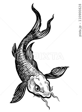 Koi fish. Hand-drawn retro styled black and white illustration	 110900828