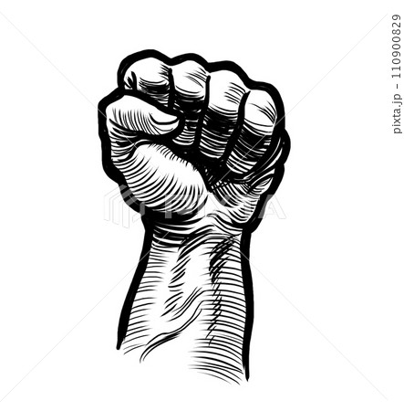 Strong hand. Hand-drawn retro styled black and white illustration	 110900829