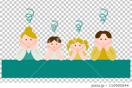 Illustration of a family of four who are all worried 110900844