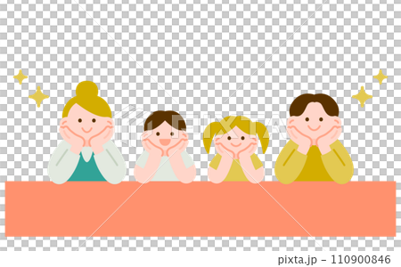 ウキウキ並ぶ仲良しの4人家族のイラスト 110900846