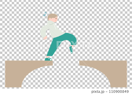 Illustration of a man carefully crossing a bridge Illustration of a man carefully crossing a bridge 110900849