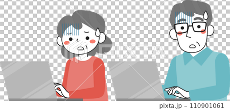 The upper bodies of a senior woman and a senior man who look pale while looking at a computer The upper bodies of a senior woman and a senior man who look pale while looking at a computer 110901061