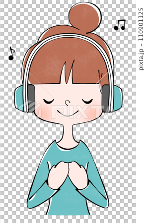 一個女人用耳機聽音樂的插圖 110901125