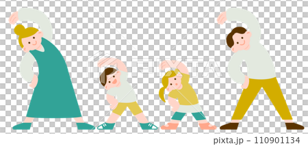 Illustration of a family of four doing warm-up exercises 110901134