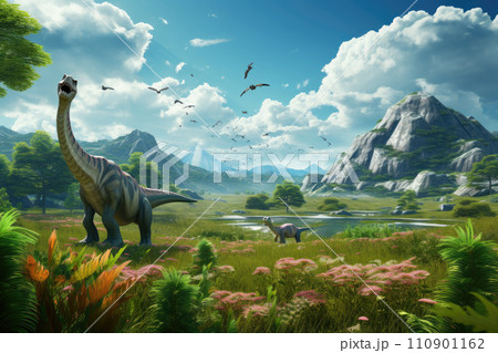 Dinosaurs in the Triassic period age in the green grass land and blue sky background, Habitat of dinosaur, history of world concept, Generative Ai 110901162