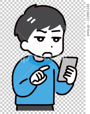 目を細めてスマホを見る私服の男性 目を細めてスマホを見る私服の男性 110901188