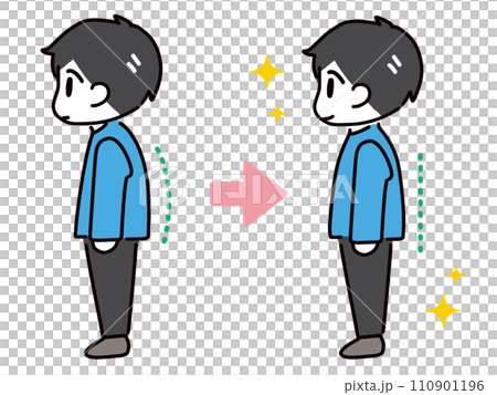 A side view illustration of a young man in casual clothes with improved posture. A side view illustration of a young man in casual clothes with improved posture. 110901196