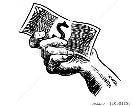 Hand with a dollar banknote. Hand-drawn black and white illustration 110901856