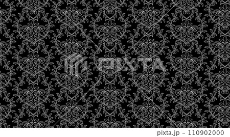 シームレスパターンの背景素材、イスラムのアラベスク柄（白線と黒背景） 110902000
