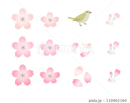 3色の桜と花びら、つぼみ、鶯のセット 110902160