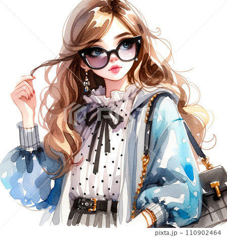 ファッショナブルで長髪なメガネをかけた女性のイラスト　AI画像 110902464