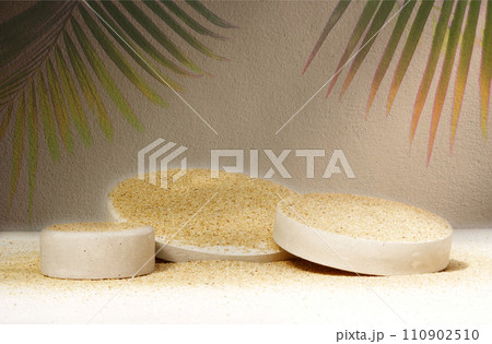 podiums on the sand for presentation show product cosmetic display , stage pedestal or platform background 110902510