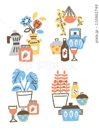 観葉植物とキッチン用品がある風景_色 観葉植物とキッチン用品がある風景_色 110902748