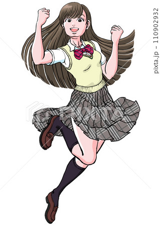 ジャンプしながら両手でガッツポーズ決める女子高生_ベスト 110902932