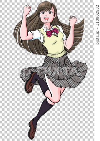ジャンプしながら両手でガッツポーズ決める女子高生_ベスト 110902932