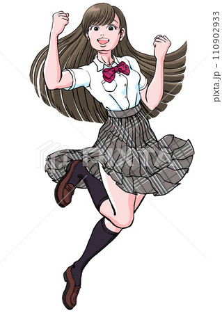 ジャンプしながら両手でガッツポーズ決める女子高生_夏服 110902933