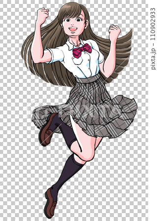 ジャンプしながら両手でガッツポーズ決める女子高生_夏服 110902933