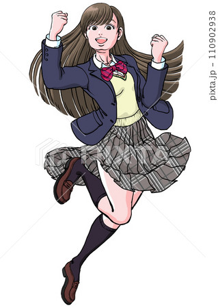 ジャンプしながら両手でガッツポーズ決める女子高生_ブレザーベスト 110902938