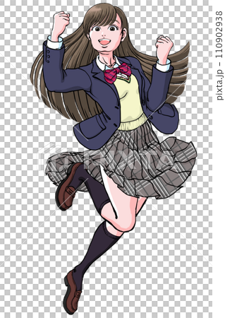 ジャンプしながら両手でガッツポーズ決める女子高生_ブレザーベスト 110902938