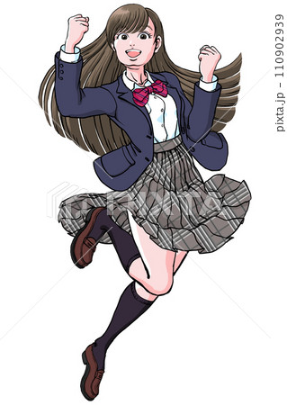 ジャンプしながら両手でガッツポーズ決める女子高生_ブレザー ジャンプしながら両手でガッツポーズ決める女子高生_ブレザー 110902939