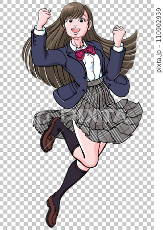 ジャンプしながら両手でガッツポーズ決める女子高生_ブレザー ジャンプしながら両手でガッツポーズ決める女子高生_ブレザー 110902939