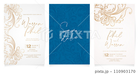 set of invitation cards design with floral ornaments. wedding invitation card set with floral design isolated white background for greetings cards templates, Stationery, Layout print material papers set of invitation cards design with floral ornaments. wedding invitation card set with floral design isolated white background for greetings cards templates, Stationery, Layout print material papers 110903170
