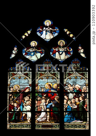 Jesus, Friend of Little Children, stained glass, Saint Severin church, Paris, France Jesus, Friend of Little Children, stained glass, Saint Severin church, Paris, France 110903392