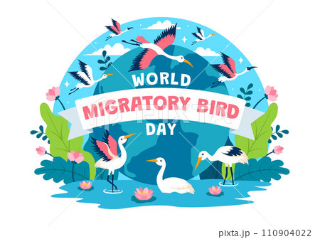 World Migratory Bird Day Vector Illustration with Birds Migrations Groups and Their Habitats for Living Aquatic Ecosystems in Flat Cartoon Background 110904022