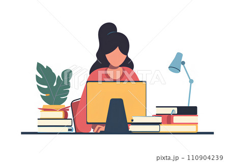 オンラインで勉強をする若い女子学生-2 オンラインで勉強をする若い女子学生-2 110904239