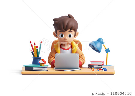 オンラインで勉強をする男子学生(3D)-1 オンラインで勉強をする男子学生(3D)-1 110904316