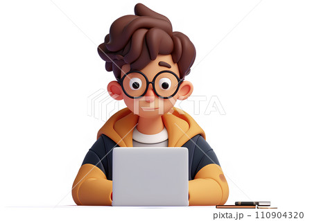 オンラインで勉強をする男子学生(3D)-1 オンラインで勉強をする男子学生(3D)-1 110904320