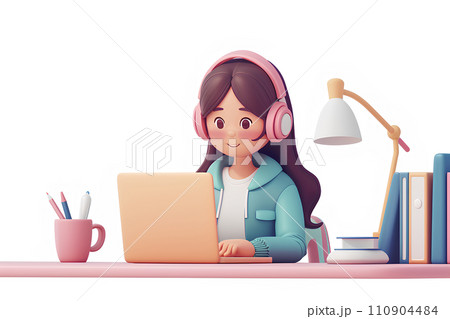 オンラインで勉強をする女子学生(3D)-2 オンラインで勉強をする女子学生(3D)-2 110904484