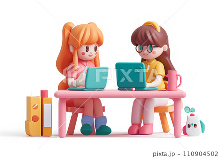 オンラインで勉強をする女子学生(3D)-1 オンラインで勉強をする女子学生(3D)-1 110904502