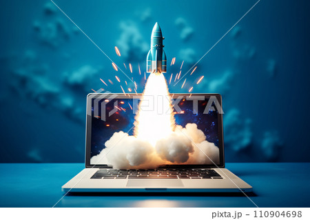 パソコンからロケットが打ち上げるイメージのイラスト 110904698